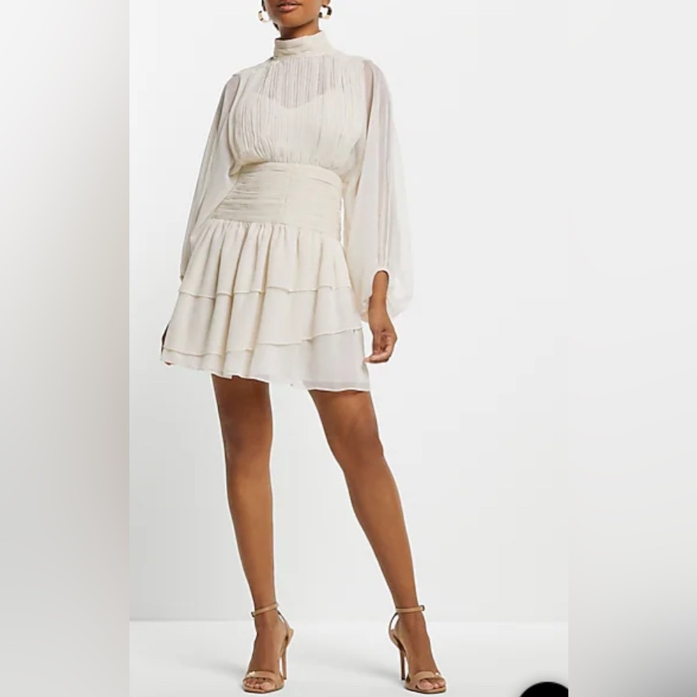Express Mock Neck Long Sleeve Pleated Waist Tiered Ruffle Mini Dress
